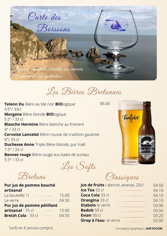 Carte des bossons cidres , bieres , spiritueux